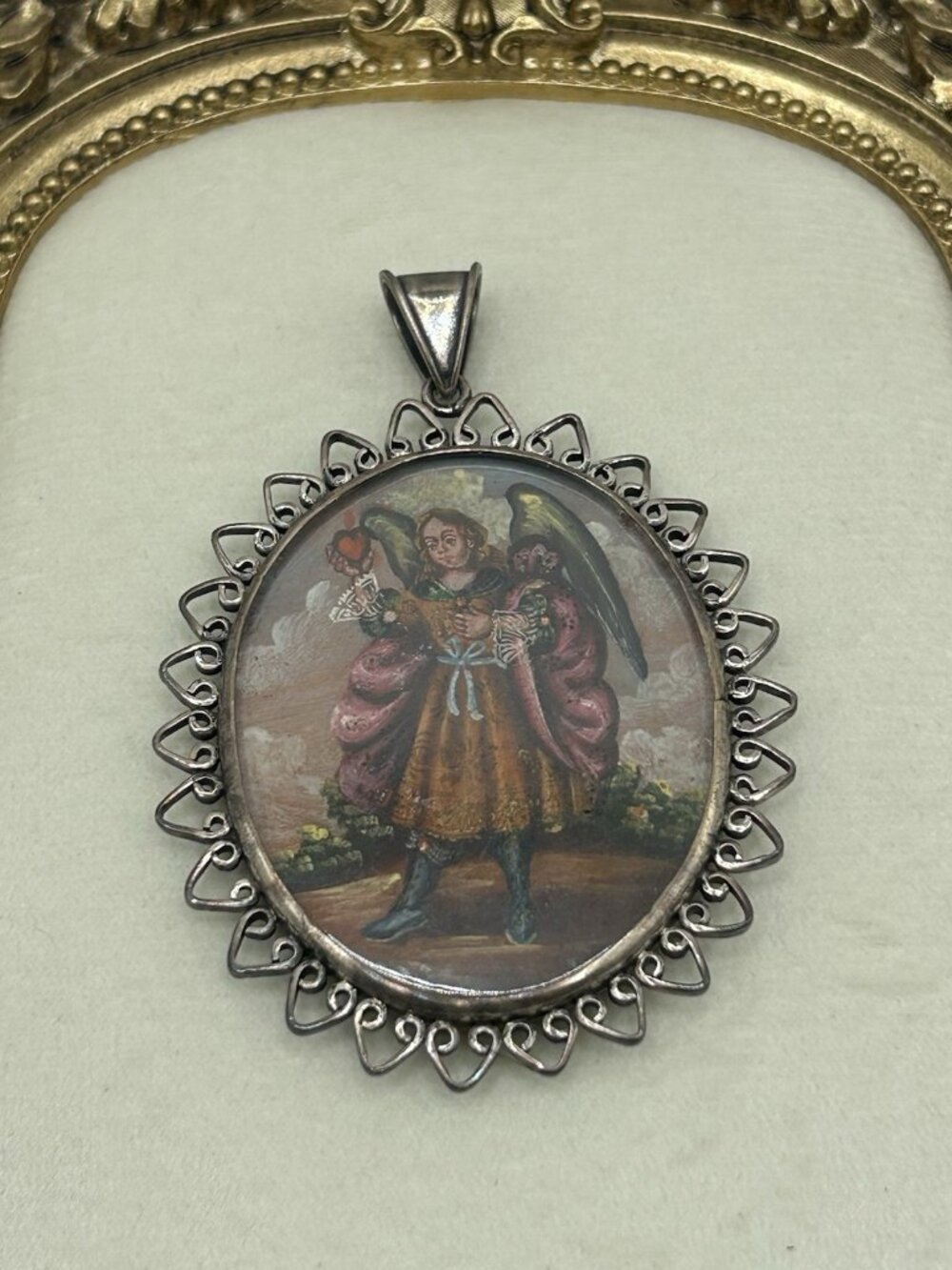 Hand Painted Double Sided Sterling Silver 925 Religious Pendant Filigree Angels